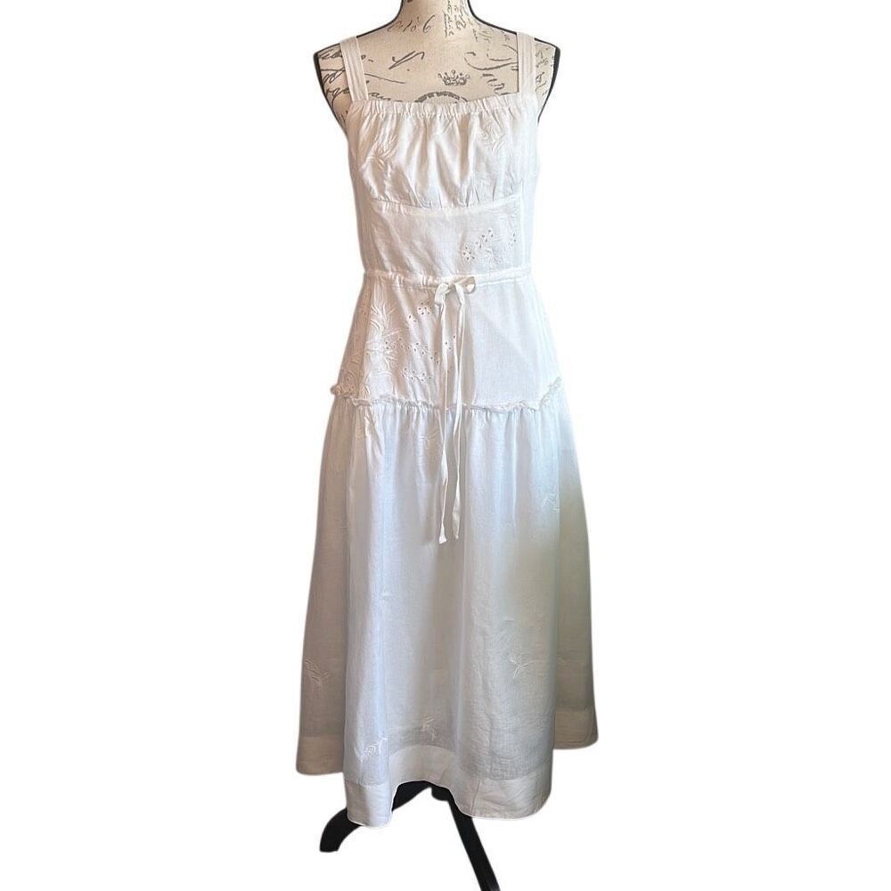 Anthropologie Flax Linen Ilet Embroidered Maxi Boho Square Neck White Dress M - Picture 2 of 16